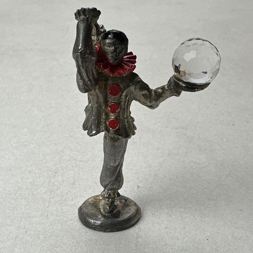 Pewter Clown Figurine with Crystal Ball Standing on One Leg WAPW Great Britain